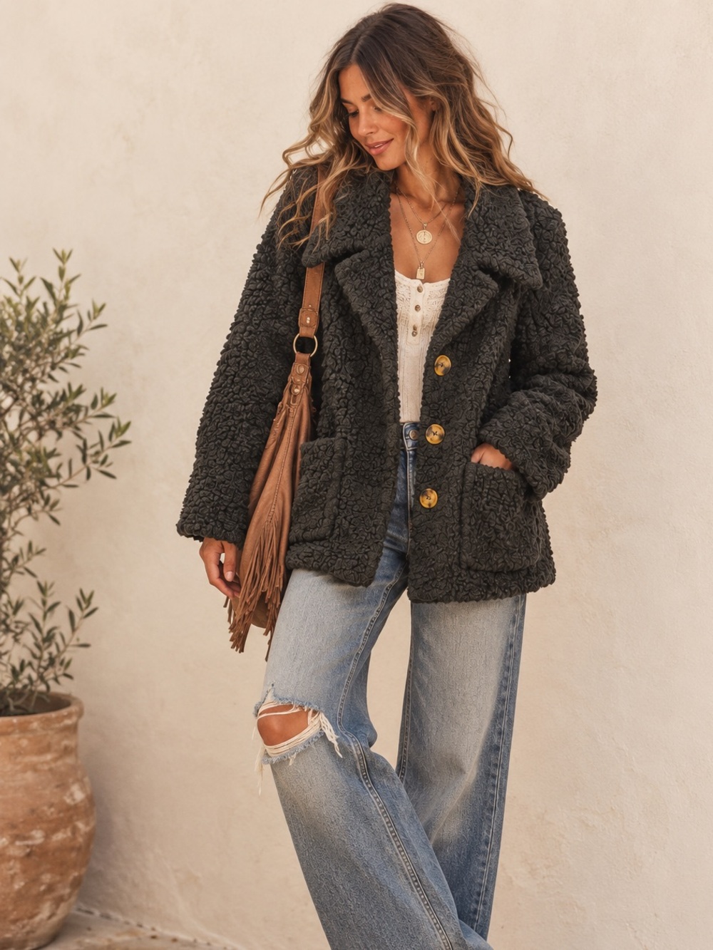 Free People Black Teddy Sherpa Jacket Size S Oversized Cozy Button Front